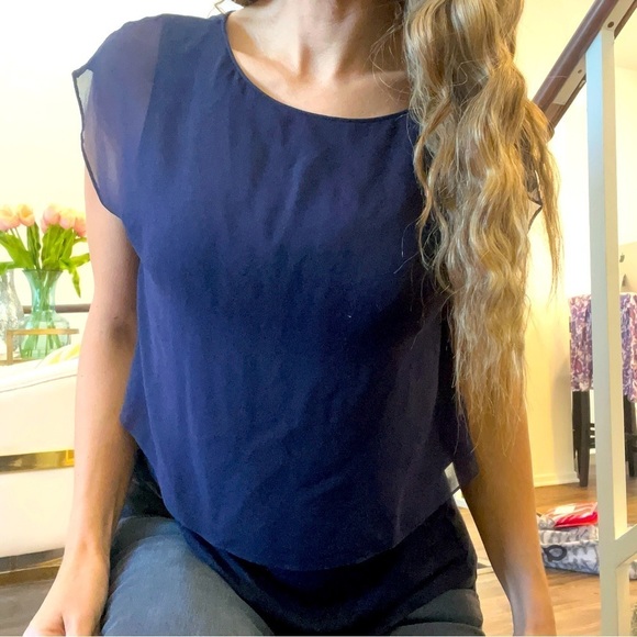 Elie Tahari Navy Blue Sheer Layered Sleeveless Chiffon 100% Silk Overlay Top S - Picture 1 of 11
